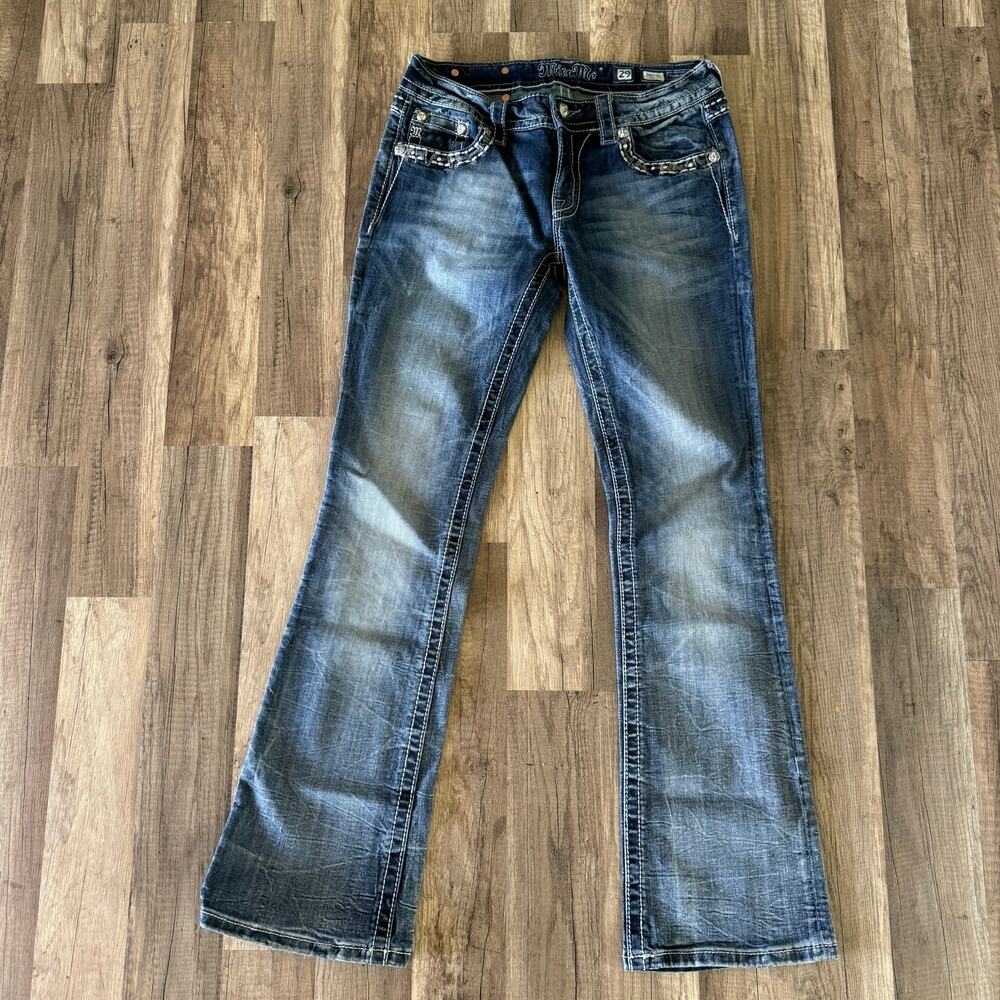 Miss Me Jeans Womens Size 29 Blue Denim Bootcut Regular Flap Pockets Rhinestones